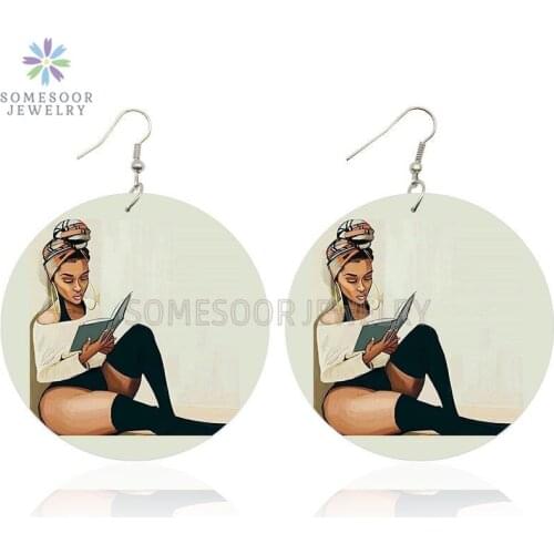 SOMESOOR Educated Black Queen Loops Art Wooden Drop Earrings Black Beauty Afro Natural Hair Printed Wood Jewelry For Women Gifts