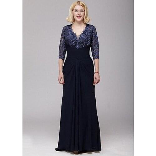 Hot Mother Of The Bride Dresses A-line V-neck 3/4 Sleeves Chiffon Lace Beaded Formal Groom Long Mother Dresses For Wedding