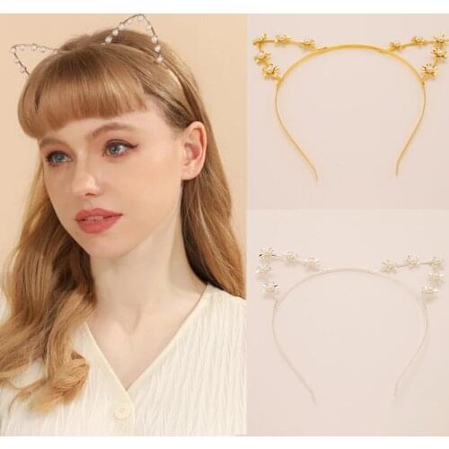 New Fashion Cute Cat Ears Hairband for Women Ladies Alloy Pearl Flower Hair Bundle Golden Sliver Headband Party Hair Accessories
