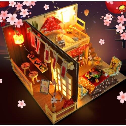 DIY Japanese Loft Wooden Dollhouse Miniature Furniture With LED Kits Doll Houses Assemble Toys Children Christmas Gift Casa