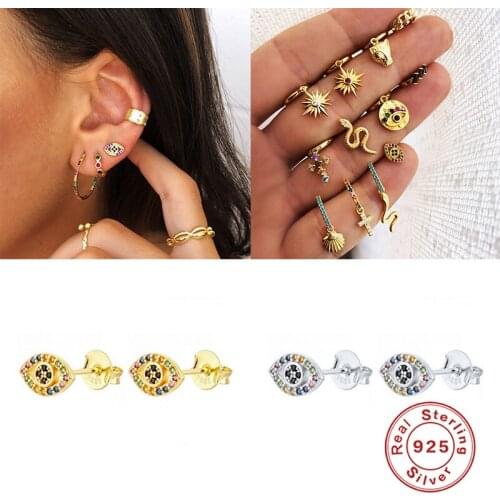 GS 925 Sterling Silver Eye Shape Stud Earrings With Colorful Zircon Crystal European INS Style Mini Ear Stud for Women
