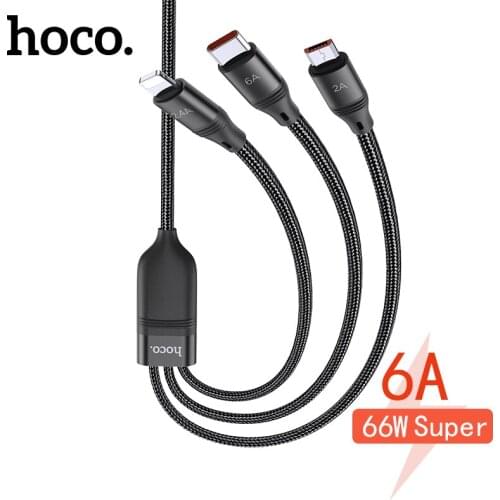 Hoco 66W 3 in 1 Nylon Mobile Phone Charging Cable For iPhone 12 Pro Max 6A TypeC Quick Charging USB Wire Cord For Huawei P50 Pro