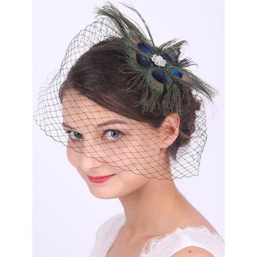 Vintage Wedding Veil Black Ivory Bridal Net Birdcage Hat Peacock Feather Chic Headpiece Bride Fascinator Face Veils for women