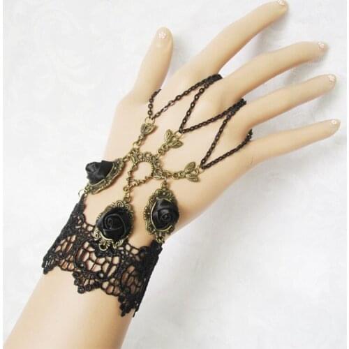 Charms Gothic Bracelets For Woman Sexy Black Lace Rose Flower Chains Leaf Bracelet Charm Wristbands Jewelry Adjustable Chain