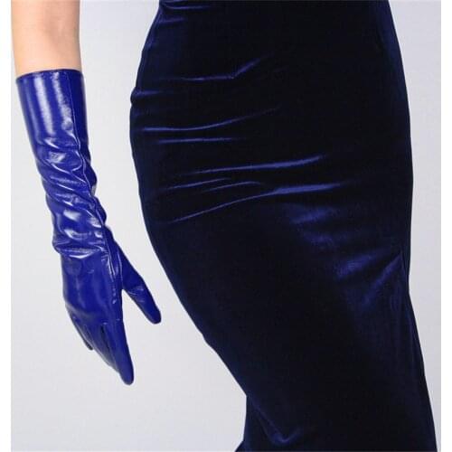 WomenS Patent Leather Gloves Medium Long PU Simulation Leather Bright Leather Mirror Bright Blue Deep Blue 40cm TBBL05