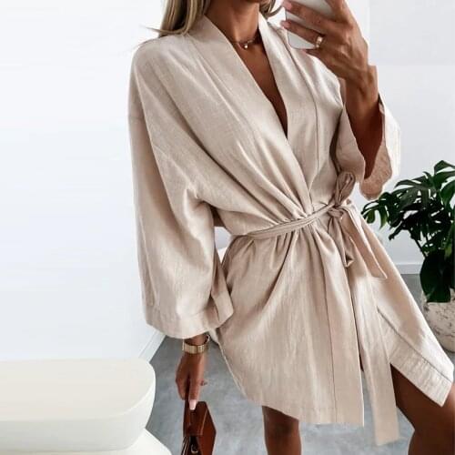 Dabourfeel Women Robe Dress Comfort Homewear Lace Up Mini Dress Long Sleeve Casual Loose Cotton Autumn Pajamas Party Fashion