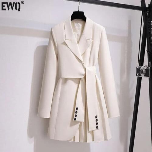 [EWQ] Korea Chic Temperament Autumn 2021 New Female White Lace Up Waist Notched Long Sleeve Pleated Suit Dress Fashion 16E3898