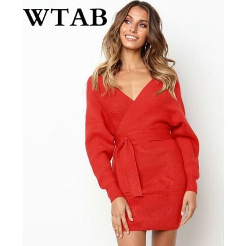 WTAB vestidos 2018 high waist women dress warm deep v-neck autumn/winter dress long sleeve lace up female dresses casual femme