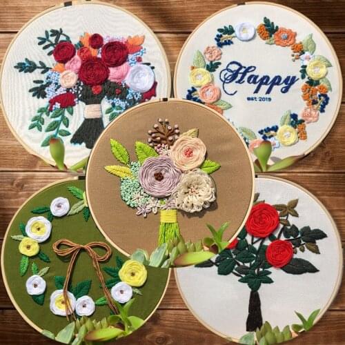3D Europe Embroidery kits With Embroidery Hoop Bouquet Cross Stitch Kit Bordado Iniciante Decoration Paintings Sewing Supplies