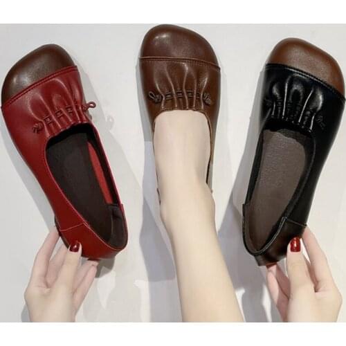 Spring Autumn Soft Leather Ballet Flats Shoes For Women Low Heel Shallow Round Buckle Ladies Flat Shoes