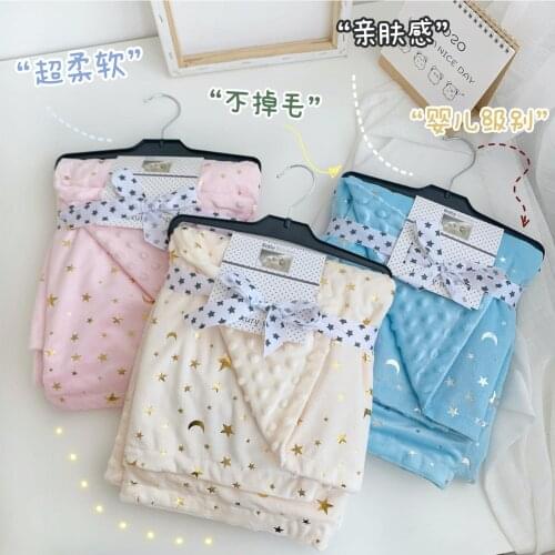 2 layers minky dot coral fleece golden stars and moon golden foil starry toddlerquilt child baby blanket kids back seat cover