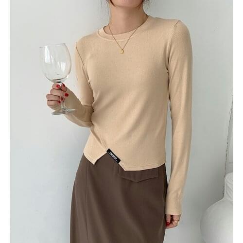 Womens O-neck T-shirts Long Sleeve Stretch Split Patchwork Tops Y2K Tees Female Cotton Casual TShirt Roupas Femininas 432