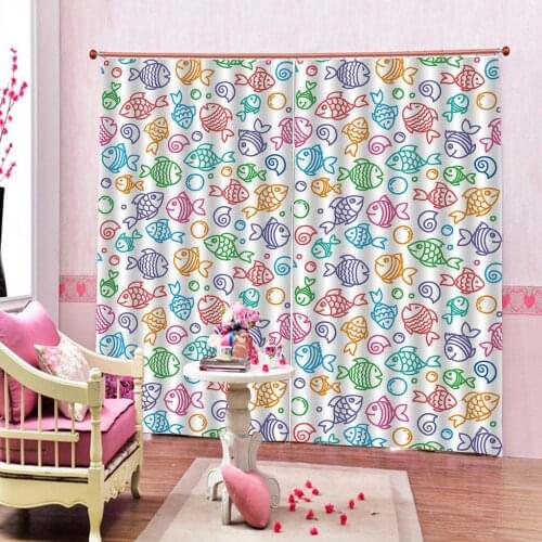 Cartoon Colorful Fish Print Curtain Digital Print For living room Bedroom semi-blackout Window Drapes Sets (Left and right Side)