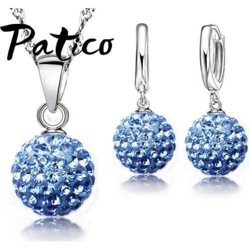 Hot New Jewelry Sets 925 Sterling Silver Austrian Crystal Pave Disco Ball Lever Back Earring Pendant Necklace Woman