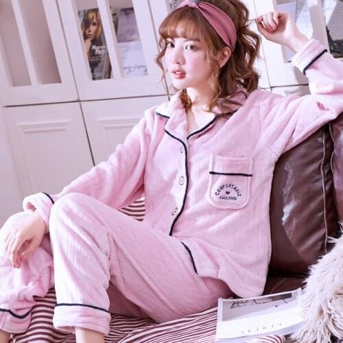 H5742 Autumn Winter Coral Fleece Pajamas Ladies Long Sleeve Thickened Plus Velvet Sleepwear Women Flannel Home Clothing Suit