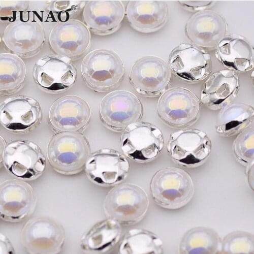JUNAO 8mm Sewing White Pearl Beads Sew On AB Claw Rhinestones Silver Pearl Appliques Claw Crystal Stones for Dress Shoes