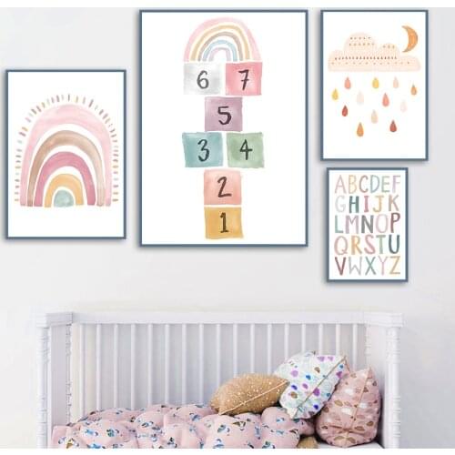 Girl Shoe Rainbow Moon Sun Rain Alphabet Wall Art Number Canvas Painting Nordic Posters And Prints Wall Pictures Kids Room Decor