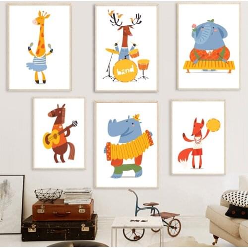 Cartoon Giraffe Hippo Elephant Fox Zebra Guitar Wall Art Canvas Painting Nordic Posters And Prints Wall Pictures Kids Room Decor