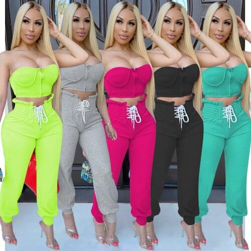 Cutubly 2020 Sexy Solid Two Piece Set Strapless Zipper Crop Top+High Waist Trousers Women Sets Streetwear Two Piece Sets