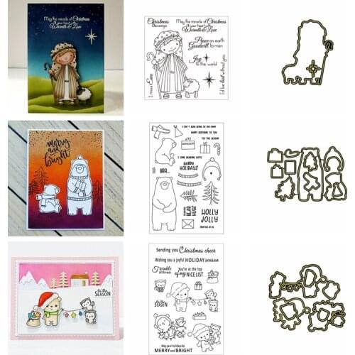 Mixed Christmas Pattern Metal Cutting Dies Match Clear Transparent Stamps Gift Box Hat With Blessing For DIY Craft Card Making