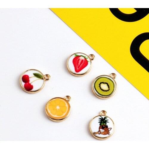 New design 50pcs furit style printing alloy drop oil gold-color cartoon rounds shape enamel pendants charms diy jewelry finding