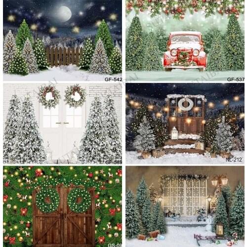 Christmas Backdrop Winter Snow Branch Truck Lights Ball Snowflake Wood Baby Portrait Photography Background for Photo Studio
