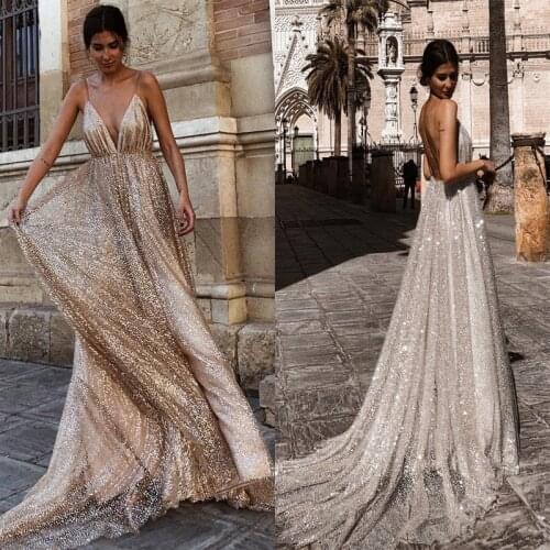 Sexy A Line Deep V Neck Sequined Evening Dresses Floor Length Silver Ruffles Dew Shoulder Spaghetti Straps Backless Gown
