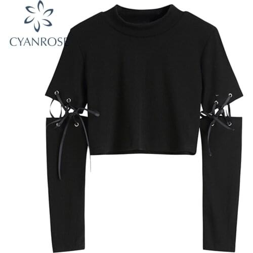 Long Sleeve Split Drawstring Lace-up Crop T Shirt 2021 Summer New Streetwear Gothic Punk Black Tees Mujer Crewneck Trendy Tops
