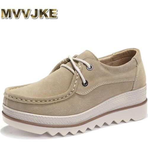 MVVJKE 2018 Autumn women flats thick soled leather suede platform sneakers shoes female casual shoes lace up flats creepers