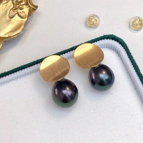 MADALENA SARARA 10-11mm Saltwater Tahiti Pearl Earrings 18K Gold Women Earrings Stud Earrings Luxury Elegant Geometric Style