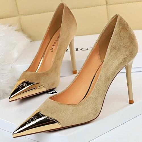 2021 Elegant Women 9.5cm Stiletto High Heels Suede Pumps Flock Red Nude Stiletto Heels Pumps Female Scarpins Bride Party Shoes