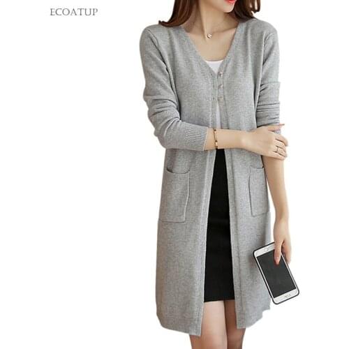 Knitted Cardigan Women Fall Autumn Winter V-Neck Long Sweater With Pockets Solid Color Open Stitch Fashion Female Cardigan