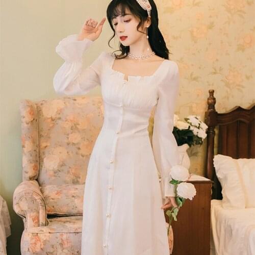 French White Pearl Single-breasted Square Neck Dress Elegant Ladies Spring Autumn 2021 Trumpet Sleeve Palace Retro Party Dresses