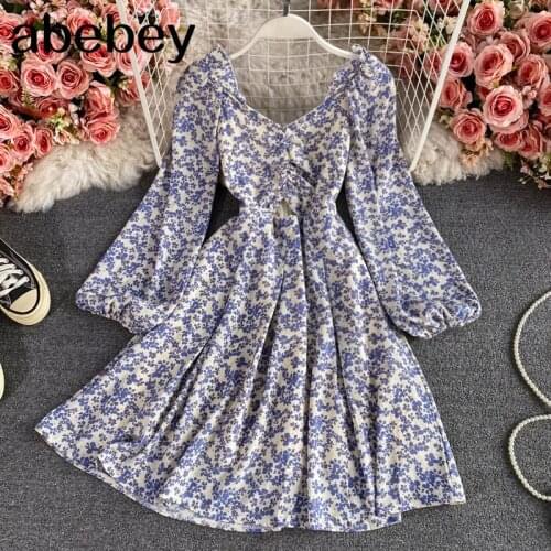 Women Chiffon Print Dress Women French Puff Sleeve Square Collar A-line Dresses Spring Boho Casual Vacation Midi Long Dresst