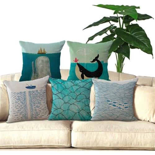 ZXZXOON Animals Fish Pillow Case Wave Boat Blend Polyester Sofa Seat Blue Cushion Cover Capa De Almofadas 45x45cm