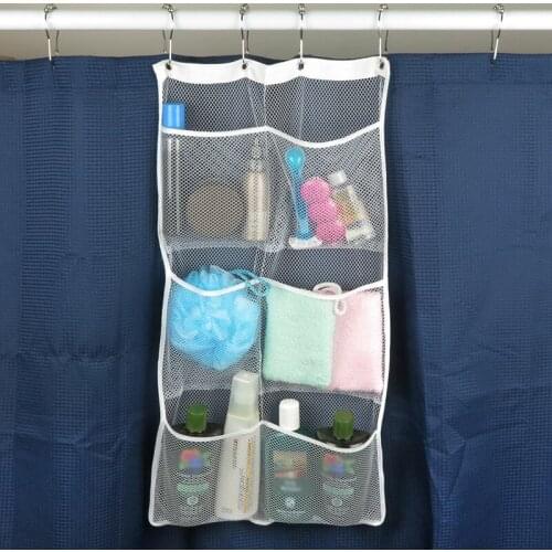1 Pcs Home Use 6 Pocket Bathroom Tub Shower Hanging Mesh Organizer Polyester Storage Bag Save Space With 4 Metal Hook