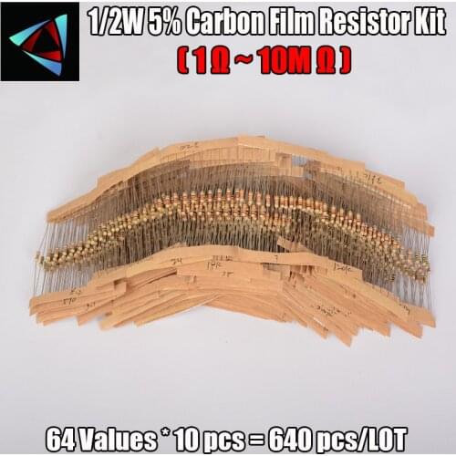 640pcs 64 Values 1R - 10MR 1/2W 5% Carbon Film Resistor Assorted Kit Set