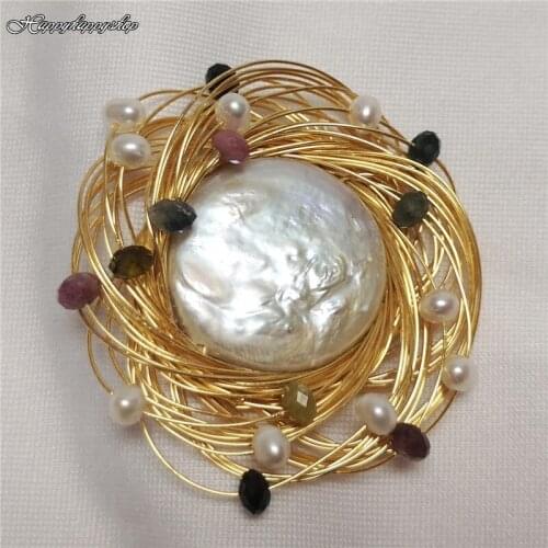 Luxury Freshwater Pearl Coin Pearl Garnet Brooch Back magnet Attract Safety Pins Broochs Women Jewelry Accessories