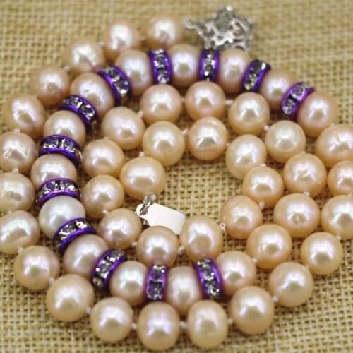 Elegant natural 9-10mm orange nearround pearl beads chain necklace for women purple spacers crystal choker jewelry 18inch B3112