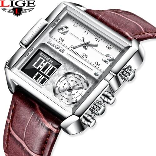 LIGE Luxury Top Men Quartz Analog Digital Sport Watches Military LED Watch Mens Waterproof Clock Square Dial Leather Wristwatch