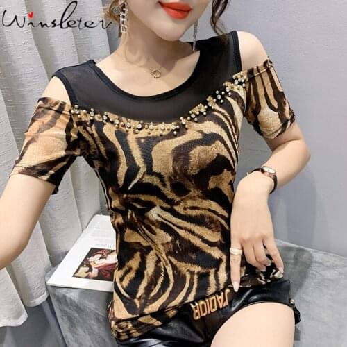 Summer Korean Style Patchwork Mesh T-Shirt Sexy Off Shoulder Beads Women Tops Bottoming Shirt Short Sleeve Tees New 2021 T14932A