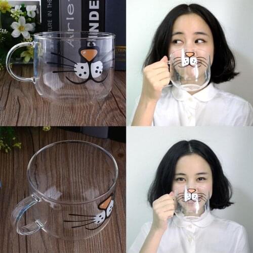 Cat Kitty Face Borosilicate Glass Coffee Cup Transparent Clear Water Mug 550ML