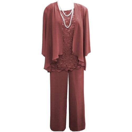 Womens 3 Pieces Lace Mother of Bride Dress Pant Suits with Jacket Outfits for Wedding Groom