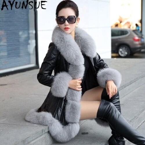 AYUNSUE Genuine Leather Jacket Large Fox Fur Collar Down Jacket Winter Jacket Women 100% Real Sheepskin Coat Female Outwear MY