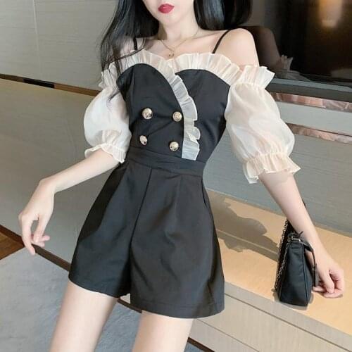 Summer Women Sexy Chic Off Shoulder Puff Sleeve Ruffles Spaghetti Straps Jumpsuits Ladies Club Loose Wide Leg Pants Playsuits