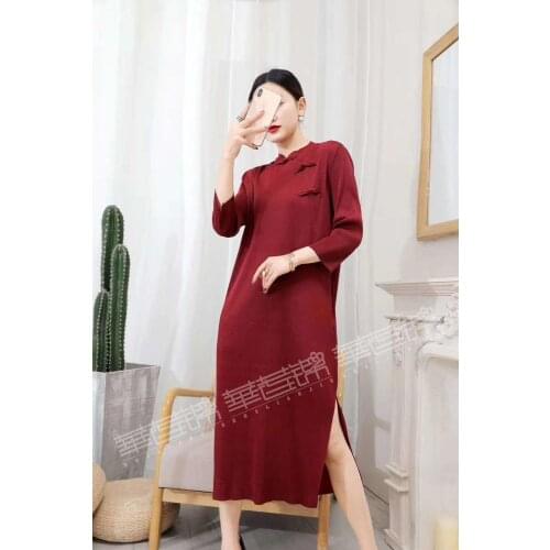 HOT SELLING Miyake fold dress three quarter solid color Chinese stand collar A-Line dress IN STOCK