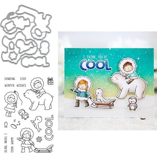 Little Girls Polar Bear Penguin Fishing Winter Wishes Clear Stamps with Coordinating Dies DIY Scrapbooking Craft 2020 New