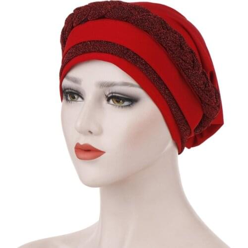 Fashion womens glitter turban scarf soild color female headscarf bonnet braid hat islamic headdress clothing turbante mujer