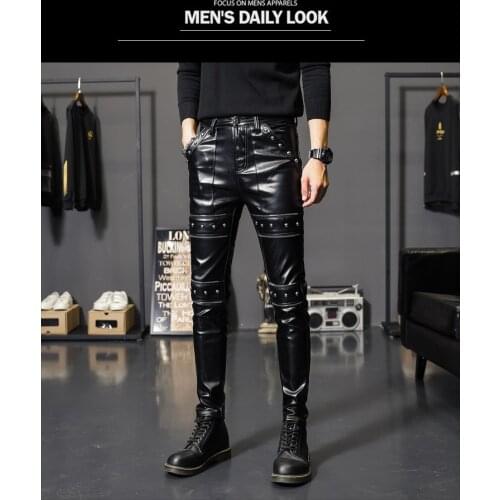 2021 men thick rivet decoration leisure leather pants tight fashion PU leather pants teenagers cultivate ones morality and feet