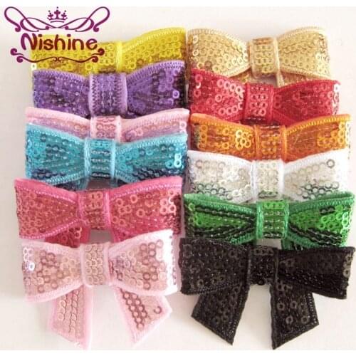 Nishine 30pcs/lot 2" Embroideried Sequin Bows For Girls Headband Hair Clip Kids DIY Hair Bow Hair Accessories(Color:12 Colors)